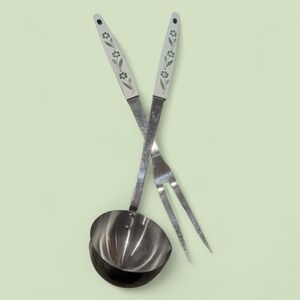 Stainless Steel Ladle and Fork Set with Green Cornflowers